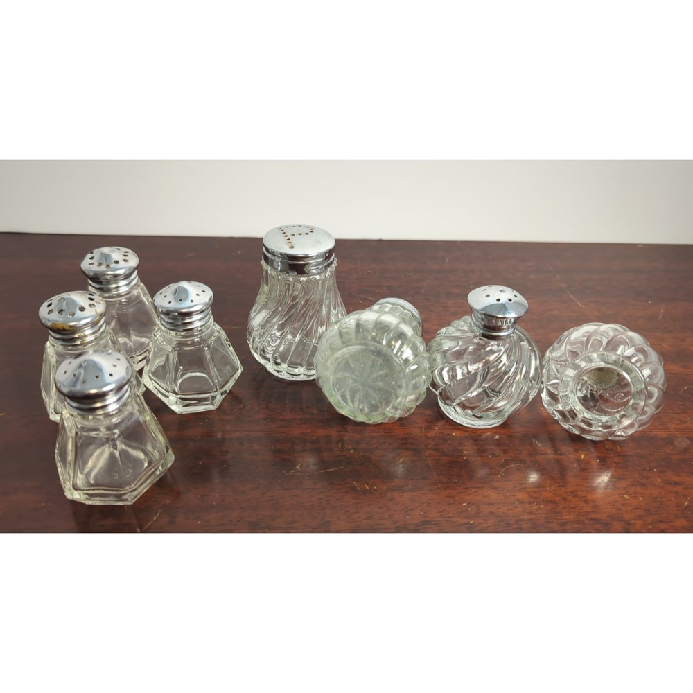 Vintage Glass Salt Pepper Shaker Lot MCM Irice Swirl Star Bottom Chrome Tops 8pc